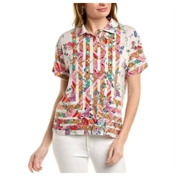 Johnny Was Size Large  Top Blouse Button Down Collared Floral Abstract Boho - Picture 1 of 8